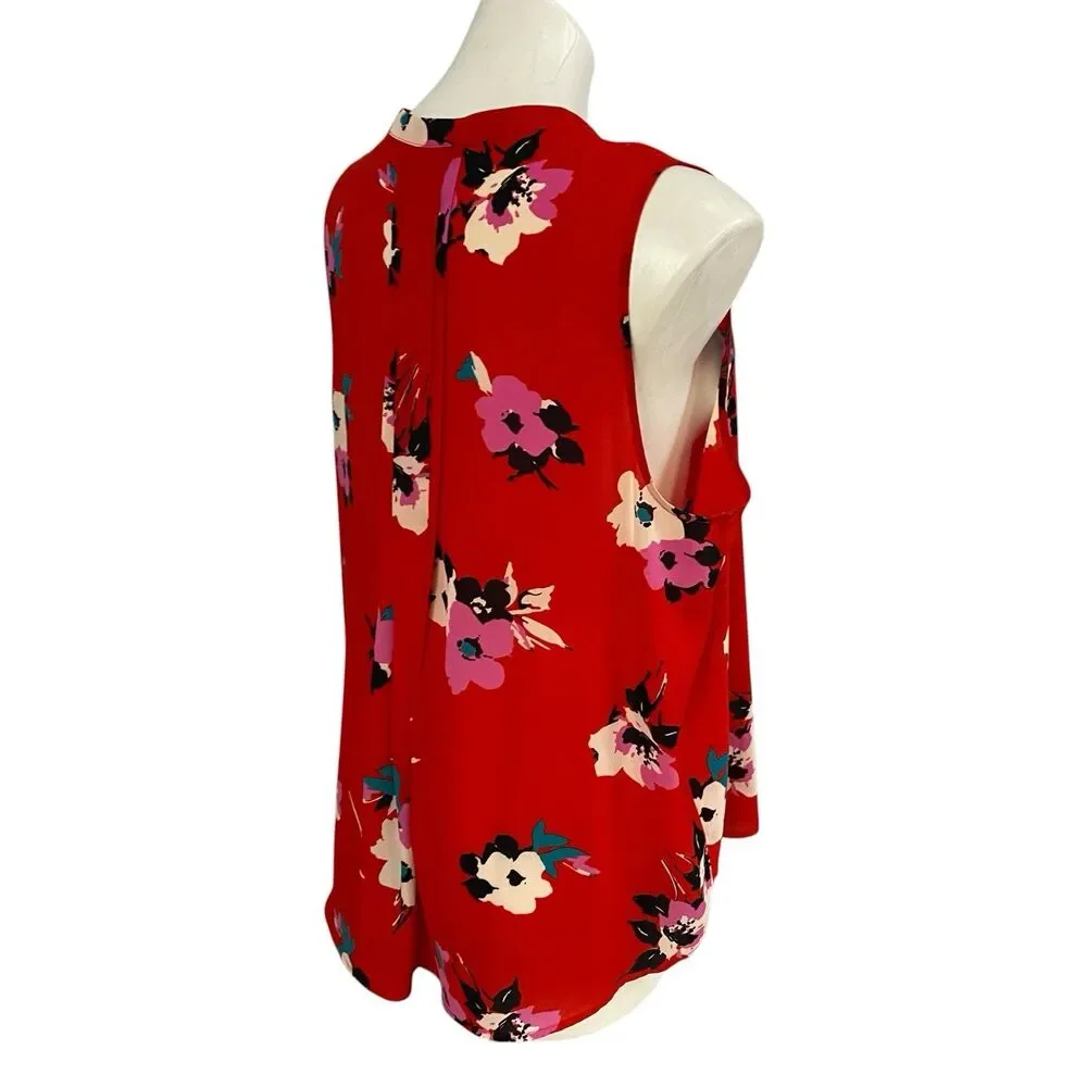 41 Hawthorne Top Womens XL Breyson Pleat Split Neck  Red Floral Office Casual